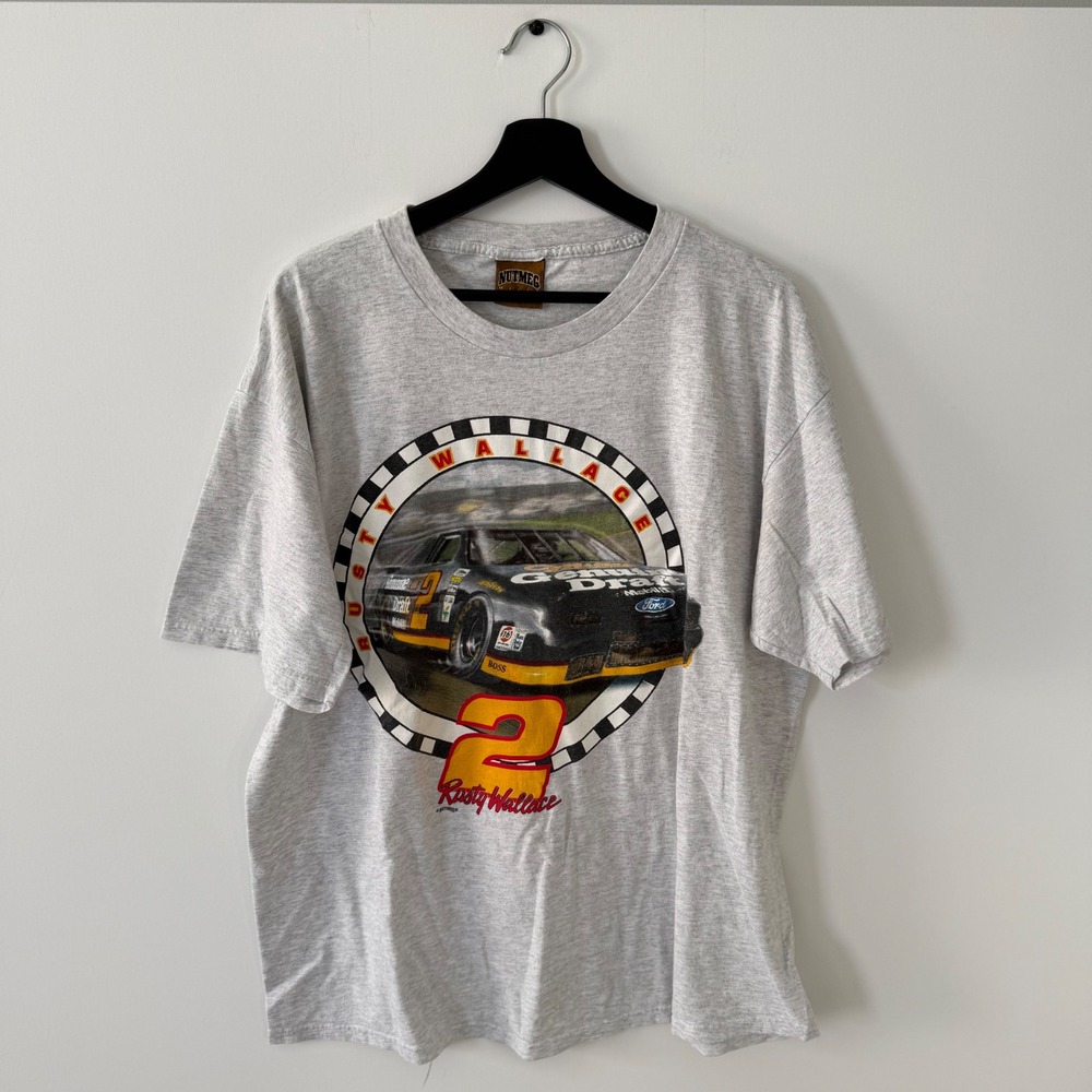 Vintage Nutmeg Mills Rusty Wallace NASCAR T Shirt XL Gray Made in USA 90s Car